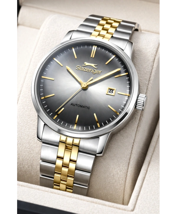 Slazenger Otomatik Mekanizma Çelik Kordon, Çelik Kasa Erkek Kol Saati Bileklik Hediyeli Gümüş-Gold sdslz017