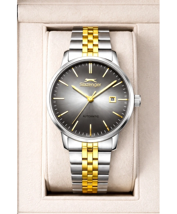 Slazenger Otomatik Mekanizma Çelik Kordon, Çelik Kasa Erkek Kol Saati Bileklik Hediyeli Gümüş-Gold sdslz017