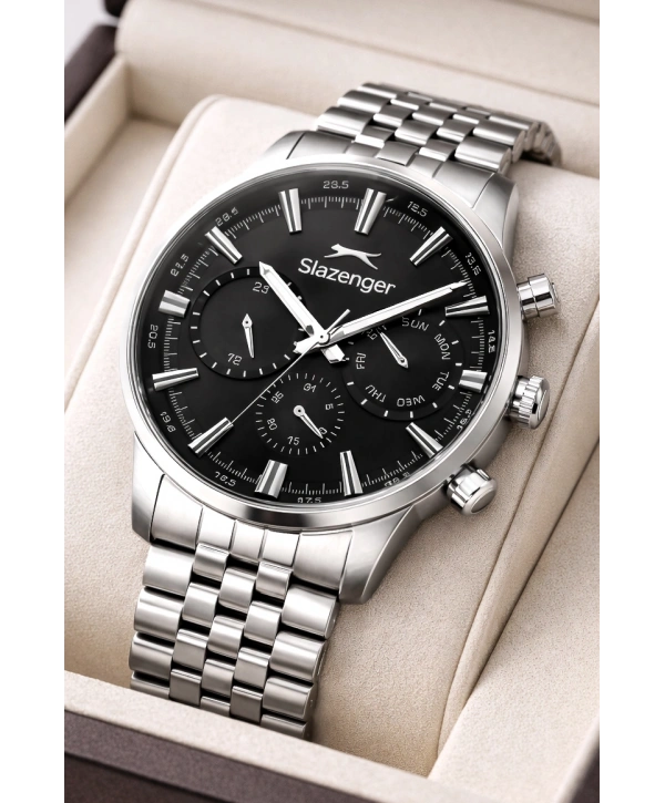 Slazenger Fonksiyonlu Çelik Kordon, Çelik Kasa Erkek Kol Saati Bileklik Hediyeli Gümüş-Siyah sdslz018