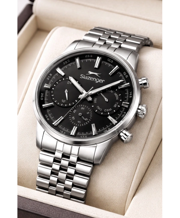 Slazenger Fonksiyonlu Çelik Kordon, Çelik Kasa Erkek Kol Saati Bileklik Hediyeli Gümüş-Siyah sdslz018