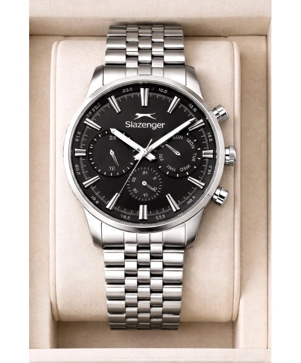 Slazenger Fonksiyonlu Çelik Kordon, Çelik Kasa Erkek Kol Saati Bileklik Hediyeli Gümüş-Siyah sdslz018