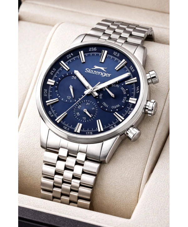 Slazenger Fonksiyonlu Çelik Kordon, Çelik Kasa Erkek Kol Saati Bileklik Hediyeli Gümüş-Mavi sdslz018