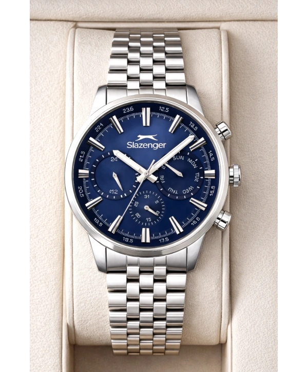 Slazenger Fonksiyonlu Çelik Kordon, Çelik Kasa Erkek Kol Saati Bileklik Hediyeli Gümüş-Mavi sdslz018