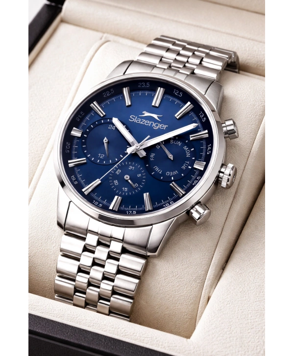 Slazenger Fonksiyonlu Çelik Kordon, Çelik Kasa Erkek Kol Saati Bileklik Hediyeli Gümüş-Mavi sdslz018