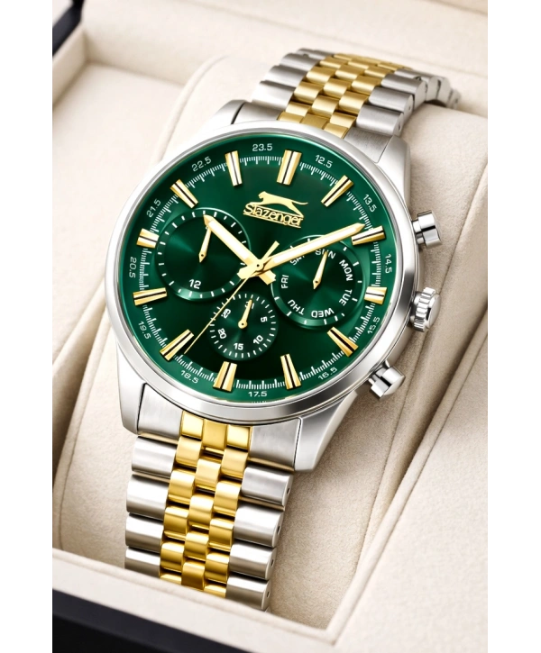 Slazenger Fonksiyonlu Çelik Kordon, Çelik Kasa Erkek Kol Saati Bileklik Hediyeli Gümüş-Gold sdslz018