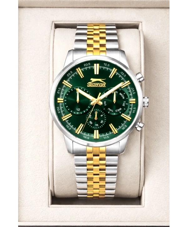 Slazenger Fonksiyonlu Çelik Kordon, Çelik Kasa Erkek Kol Saati Bileklik Hediyeli Gümüş-Gold sdslz018