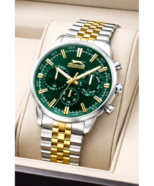 Slazenger Fonksiyonlu Çelik Kordon, Çelik Kasa Erkek Kol Saati Bileklik Hediyeli Gümüş-Gold sdslz018