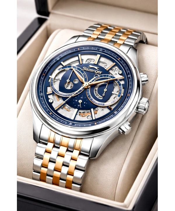 Slazenger Otomatik Mekanizma Çelik Kordon, Çelik Kasa Erkek Kol Saati Bileklik Hediyeli Gümüş-Rose sdslz019
