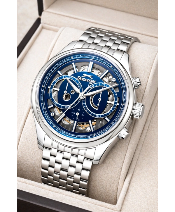 Slazenger Otomatik Mekanizma Çelik Kordon, Çelik Kasa Erkek Kol Saati Bileklik Hediyeli Gümüş-Mavi sdslz019