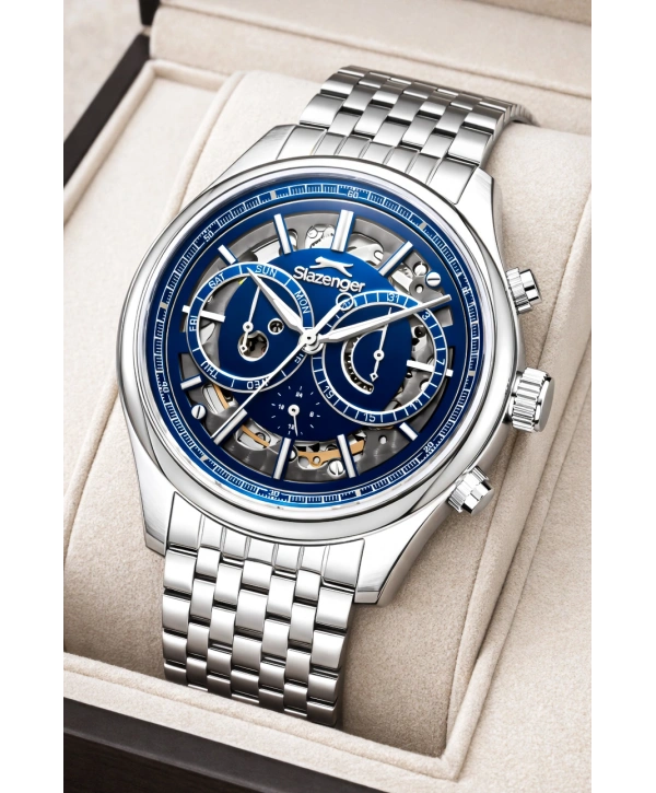 Slazenger Otomatik Mekanizma Çelik Kordon, Çelik Kasa Erkek Kol Saati Bileklik Hediyeli Gümüş-Mavi sdslz019