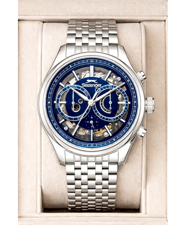 Slazenger Otomatik Mekanizma Çelik Kordon, Çelik Kasa Erkek Kol Saati Bileklik Hediyeli Gümüş-Mavi sdslz019