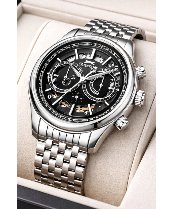 Slazenger Otomatik Mekanizma Çelik Kordon, Çelik Kasa Erkek Kol Saati Bileklik Hediyeli Gümüş-Siyah sdslz019
