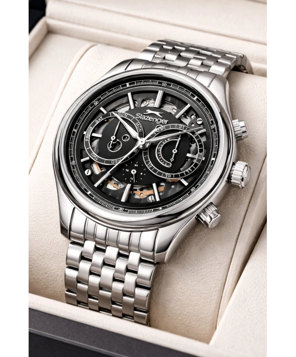 Slazenger Otomatik Mekanizma Çelik Kordon, Çelik Kasa Erkek Kol Saati Bileklik Hediyeli Gümüş-Siyah sdslz019