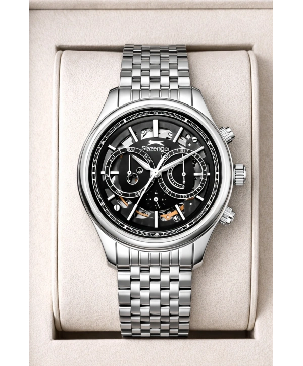 Slazenger Otomatik Mekanizma Çelik Kordon, Çelik Kasa Erkek Kol Saati Bileklik Hediyeli Gümüş-Siyah sdslz019