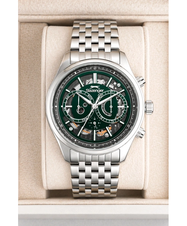Slazenger Otomatik Mekanizma Çelik Kordon, Çelik Kasa Erkek Kol Saati Bileklik Hediyeli Gümüş-Yeşil sdslz019