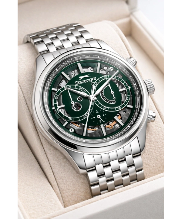 Slazenger Otomatik Mekanizma Çelik Kordon, Çelik Kasa Erkek Kol Saati Bileklik Hediyeli Gümüş-Yeşil sdslz019