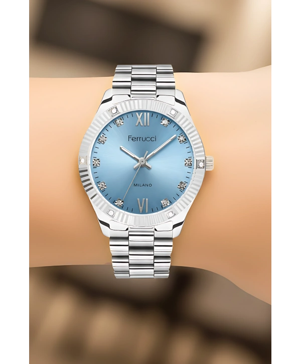 Ferrucci Çelik Kordon Çelik Kasa Kadın Kol Saati Gümüş-Mavi sdfer188