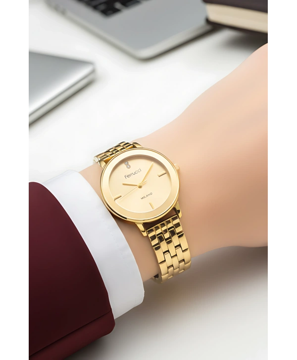 Ferrucci Çelik Kordon & Özel Tasarım, Kadın Kol Saati, 3atm Suya Dayanıklı Gold Sdfer156