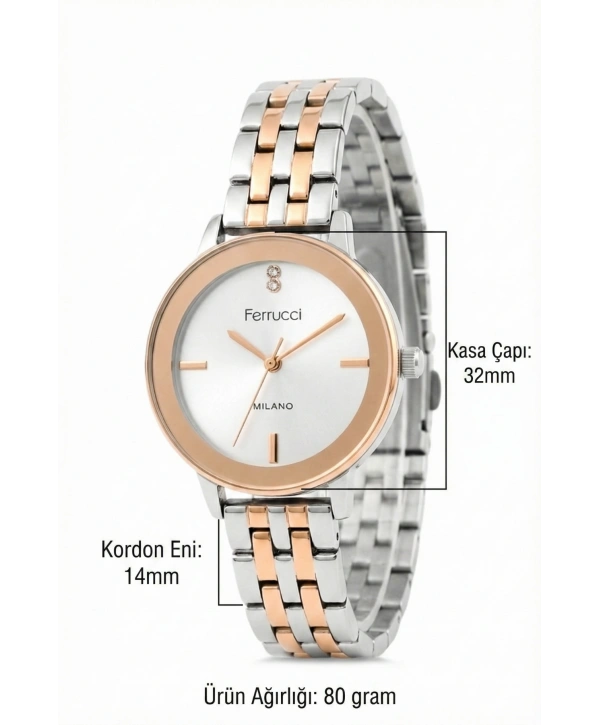 Ferrucci Çelik Kordon & Özel Tasarım, Kadın Kol Saati, 3atm Suya Dayanıklı Rose-gümüş Sdfer156