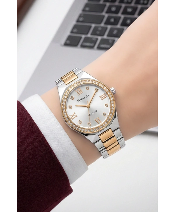 Ferrucci Çelik Kordon Taşlı Çelik Kasa Kadın Kol Saati Gümüş-Rose sdfer192