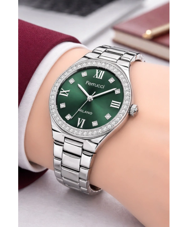 Ferrucci Çelik Kordon Taşlı Çelik Kasa Kadın Kol Saati Gümüş-Yeşil sdfer192