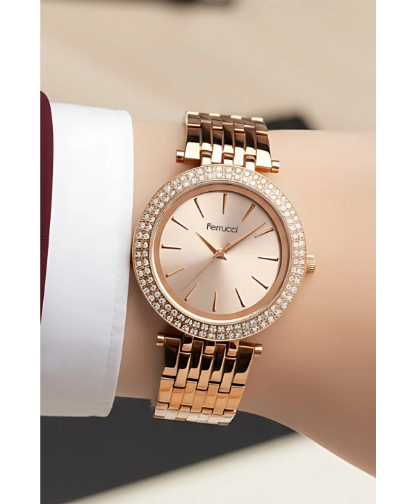 Ferrucci Kadın Kol Saati Rose Renk Çelik Kordon Taşlı Çelik Kasa Sdfer143
