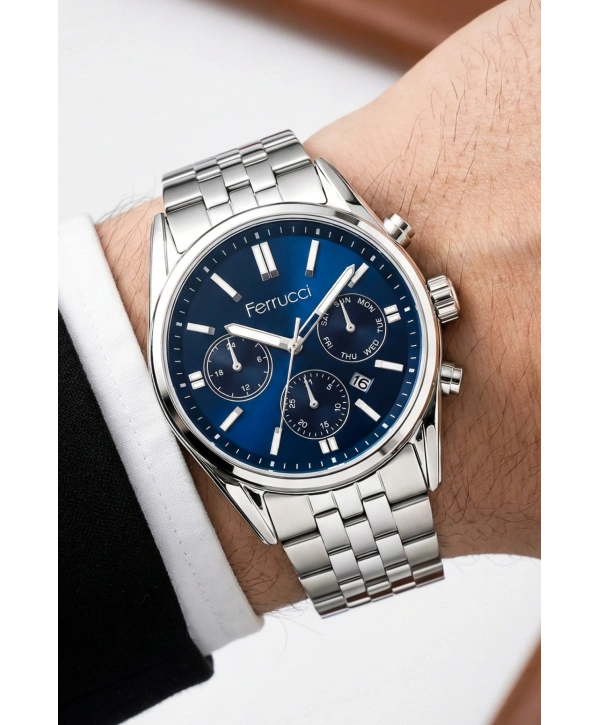 Ferrucci Takvimli Erkek Kol Saati Çelik Kordon Gümüş-Mavi Bileklik Hediyeli 3atm Sdfer193