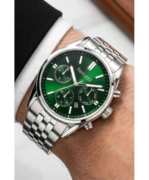 Ferrucci Takvimli Erkek Kol Saati Çelik Kordon Gümüş-Yeşil Bileklik Hediyeli 3atm Sdfer193