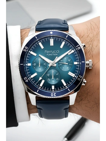 Function Erkek Kol Saati Deri Kordon Kordon 3 Atm Suya Dayanıklı Bileklik Hediyeli Gümüş-Mavi Sd