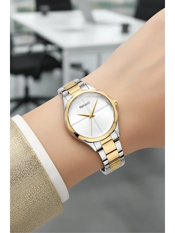 Ferrucci Kadın Kol Saati Çelik Kordon 3 Atm Suya Dayanıklı Bileklik Hediyeli Gümüş-altın Sdfer052