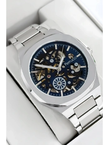 Otomatik Erkek Saati, Gümüş Renk Çelik Kordon&Kasa, Mavi Kadran, Cam Arka Kapak sdfer078