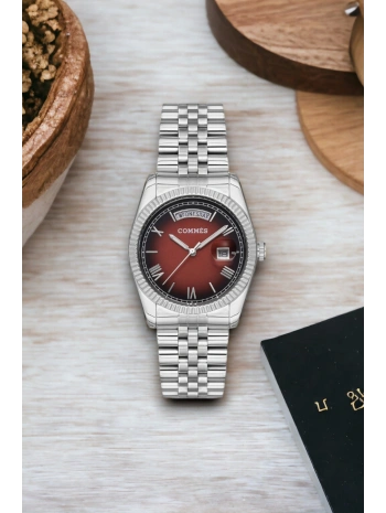 Commes Çift Takvimli Gümüş-kırmızı Çelik Kordon Çelik Kasa Kadın Kol Saati Sdcms035