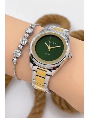 Ferrucci Kadın Kol Saati Gümüş-Gold Renk Çelik Kordon Çelik Kasa Gümüş-Gold-Yeşil sdfer144
