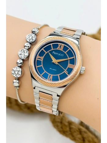 Ferrucci Kadın Kol Saati Gümüş-rose Renk Çelik Kordon Çelik Kasa Rose Gold-mavi Sdfer145