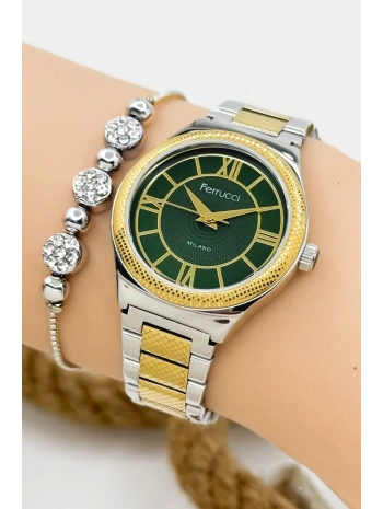 Ferrucci Kadın Kol Saati Gümüş-gold Renk Çelik Kordon Çelik Kasa Gold-gümüş-yeşil Sdfer145