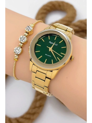Ferrucci Kadın Kol Saati - Şık Çelik Kordon Ve Kasa, Orijinal Ve Garantili Gold-yeşil Sdfer147