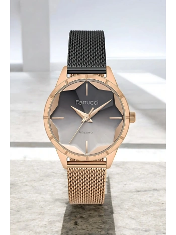 Ferrucci Şık Çelik Kasa Ve Hasır Kordon, Kadın Kol Saati, Orijinal Ve Garantili Rose Gold-siyah Sdfe