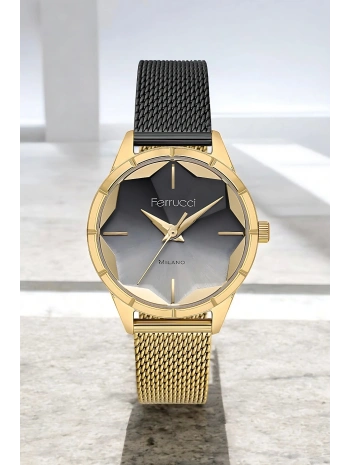 Ferrucci Şık Çelik Kasa Ve Hasır Kordon, Kadın Kol Saati, Orijinal Ve Garantili Gold-siyah Sdfer148