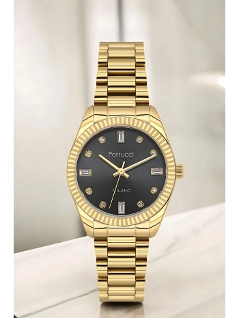 Ferrucci Çelik Kordon & Şık Tasarım, Kadın Kol Saati, 2 Yıl Garanti, 3atm Suya Dayanıklı Gold-siyah