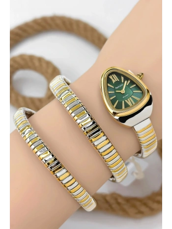Ferrucci Çelik Kordon Yılan Model , Kadın Kol Saati, 3ATM Suya Dayanıklı Gold-Gümüş-Yeşil sdfer155