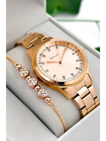 Ferrucci Çelik Kordon & Kasa Kadın Kol Saati, Taş Detaylı Kadran Rose Sdfer181
