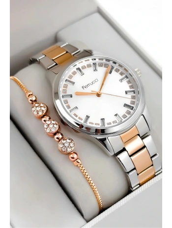 Ferrucci Çelik Kordon & Kasa Kadın Kol Saati, Taş Detaylı Kadran Gümüş-rose Sdfer181