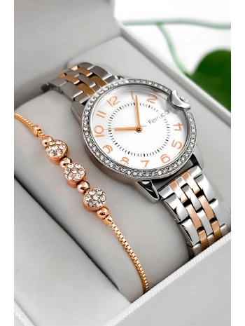 Ferrucci Çelik Kordon & Kasa Kadın Kol Saati, Taş Detaylı Kasa Gümüş-rose Sdfer182