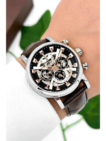 Daniel Klein Deri Kordon Çelik Kasa Otomatik Mekanizma Erkek Kol Saati Kahve-Gümüş sddk103