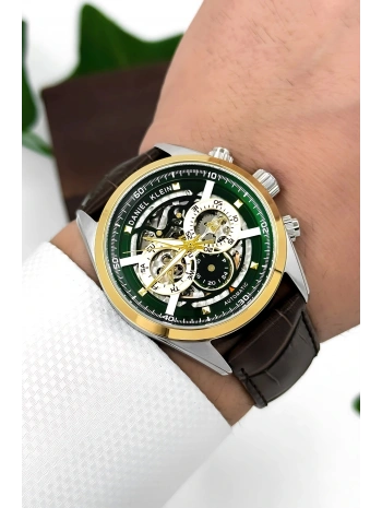 Daniel Klein Deri Kordon Çelik Kasa Otomatik Mekanizma Erkek Kol Saati Kahve-Gümüş sddk104