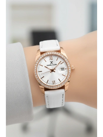 Deri Kordon Çelik Kasa Kadın Kol Saati+Bileklik Hediyeli Beyaz-Rose sddk107