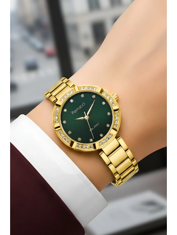 Ferrucci Çelik Kordon Taşlı Kasa Kadın Kol Saati Gold Yeşil sdfer183