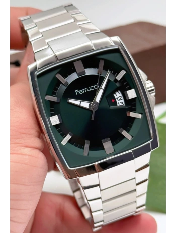 Ferrucci Takvimli Erkek Kol Saati, Çelik Kordon & Özel Tasarım, 3atm Suya Dayanıklı Gümüş-yeşil Sdfer163