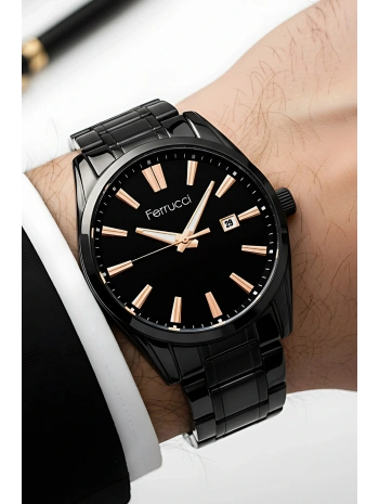 Takvimli Erkek Kol Saati Çelik Kordon 3 Atm Suya Dayanıklı Bileklik Hediyeli Siyah-Rose sdf