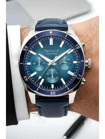 Function Erkek Kol Saati Deri Kordon Kordon 3 Atm Suya Dayanıklı Bileklik Hediyeli Gümüş-Mavi Sd